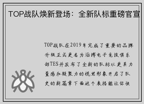 TOP战队焕新登场：全新队标重磅官宣
